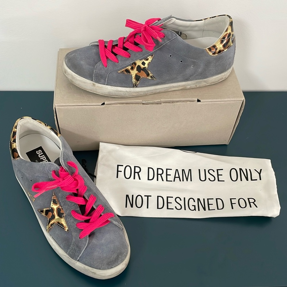 Golden Goose Superstar Classic: Grey-blue suede with leopard star and heel.